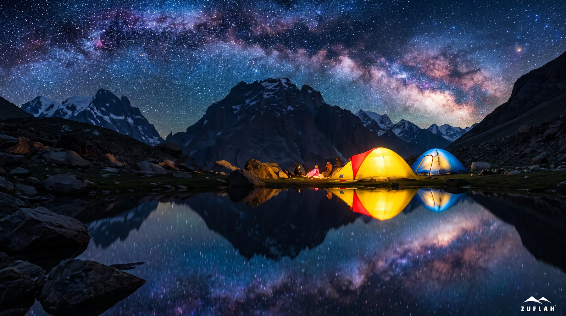 Zuflah dome tents lit up beside a mountain lake under the Milky Way