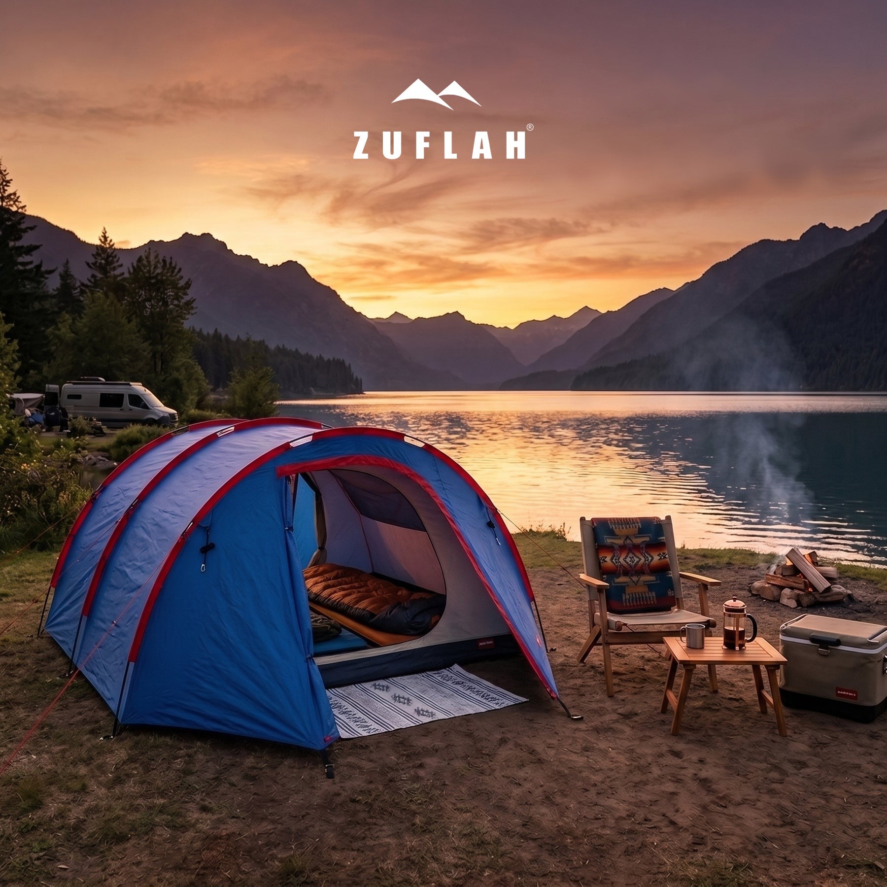 Zuflah tunnel tent at a lakeside campsite at sunset