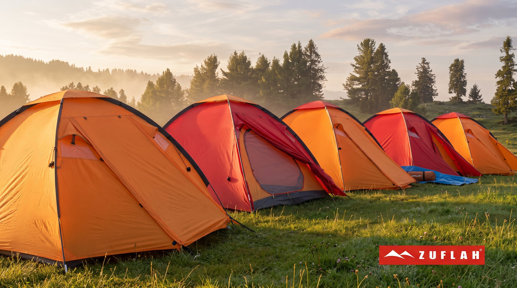 Row of Zuflah dome tents pitched in a misty meadow at sunrise
